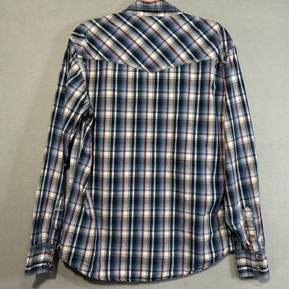 Wrangler‎ 20X Mens Large Western Snap Shirt Blue Plaid Cowboy Rodeo Pearl